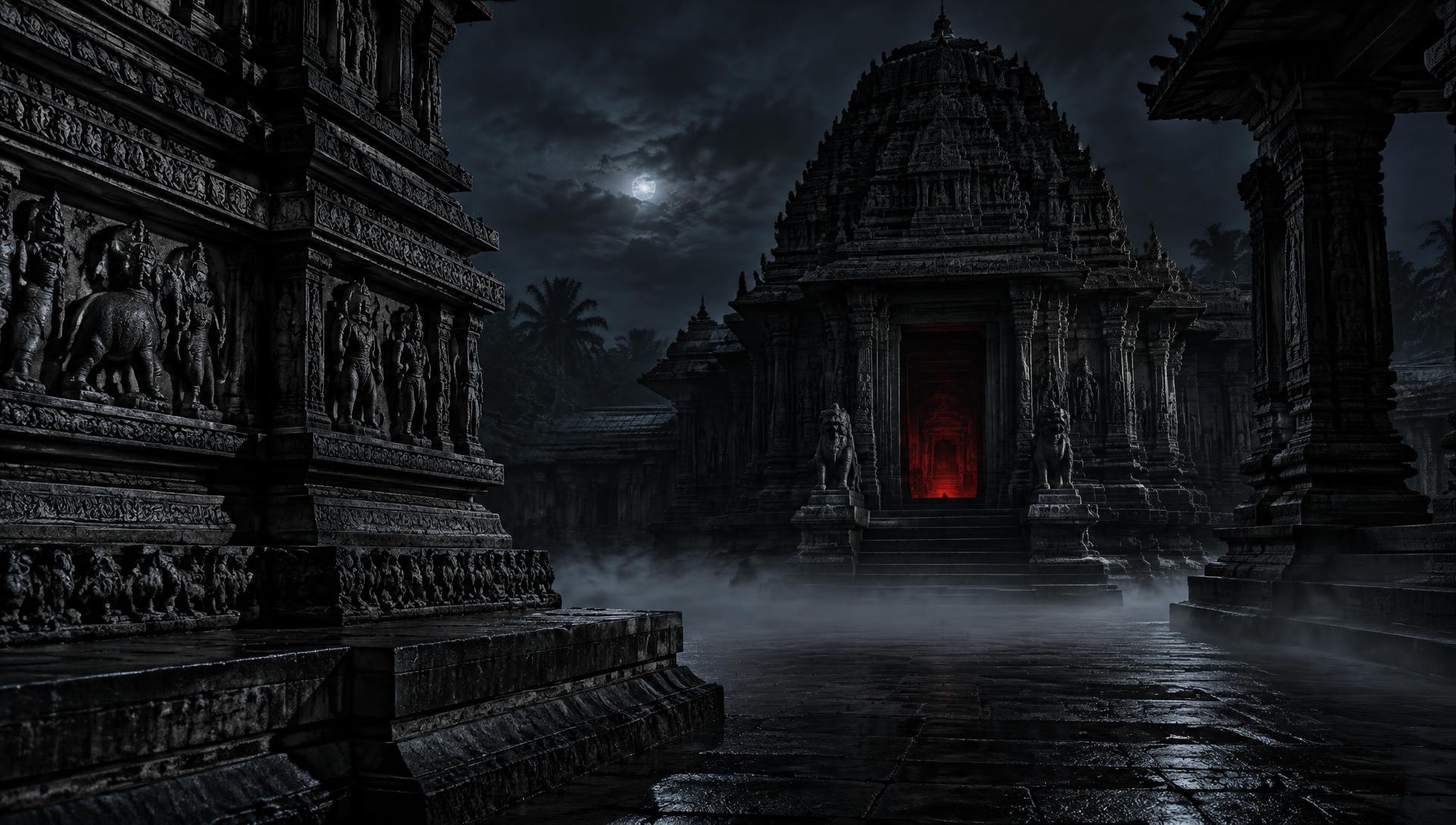 Ancient Hoysala temple in moonlight